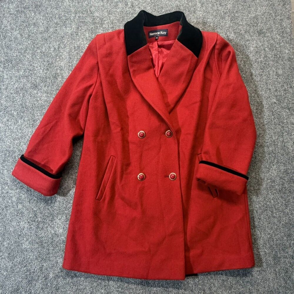 Vintage Herman Kay Red Wool Coat 14 Black Velvet Collar Double Breasted USA - Picture 2 of 8